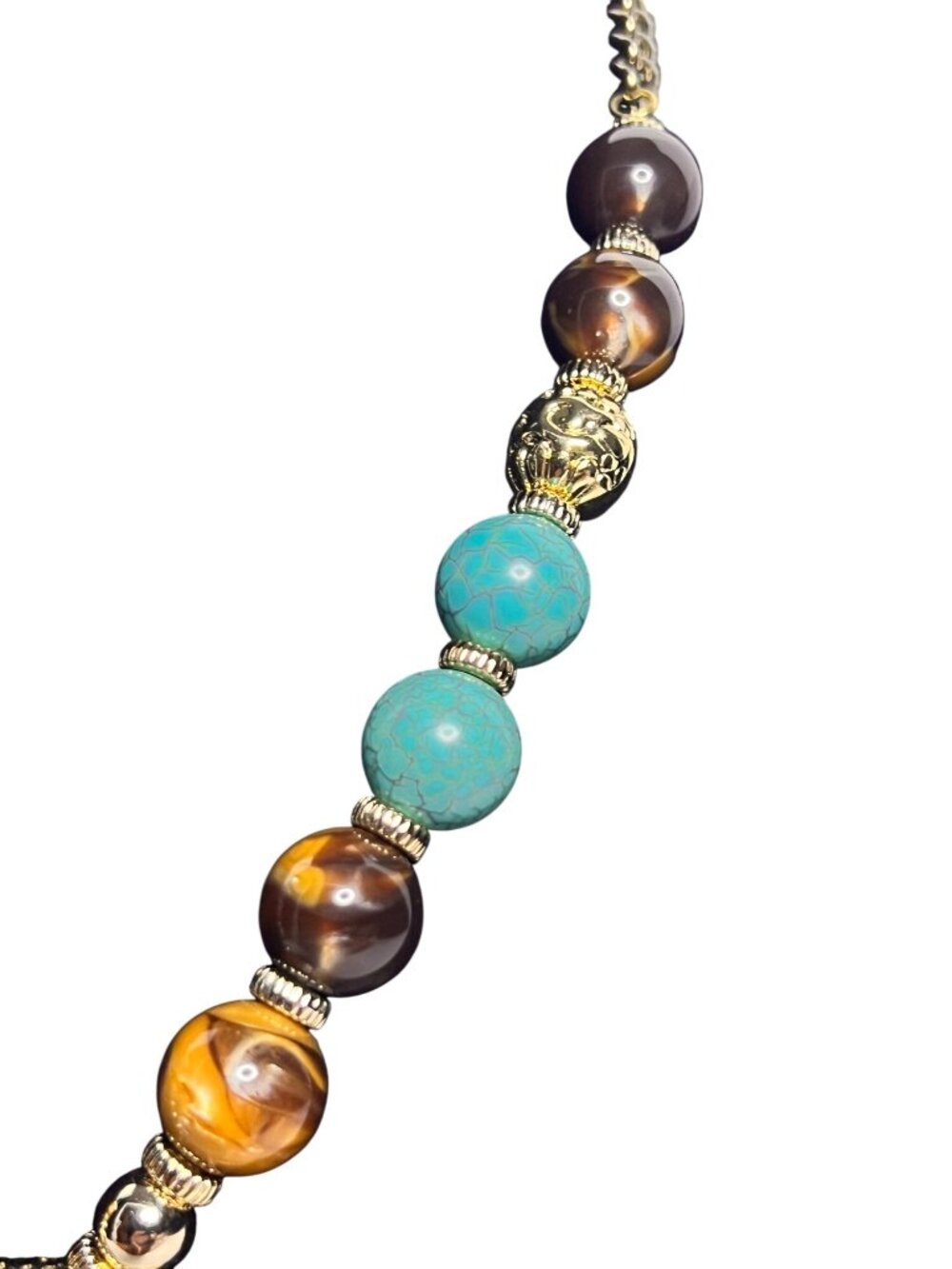 Erica Lyons Gold Tone Faux Turquois and Brown Bead Statement Necklace (6312) - Picture 4 of 8